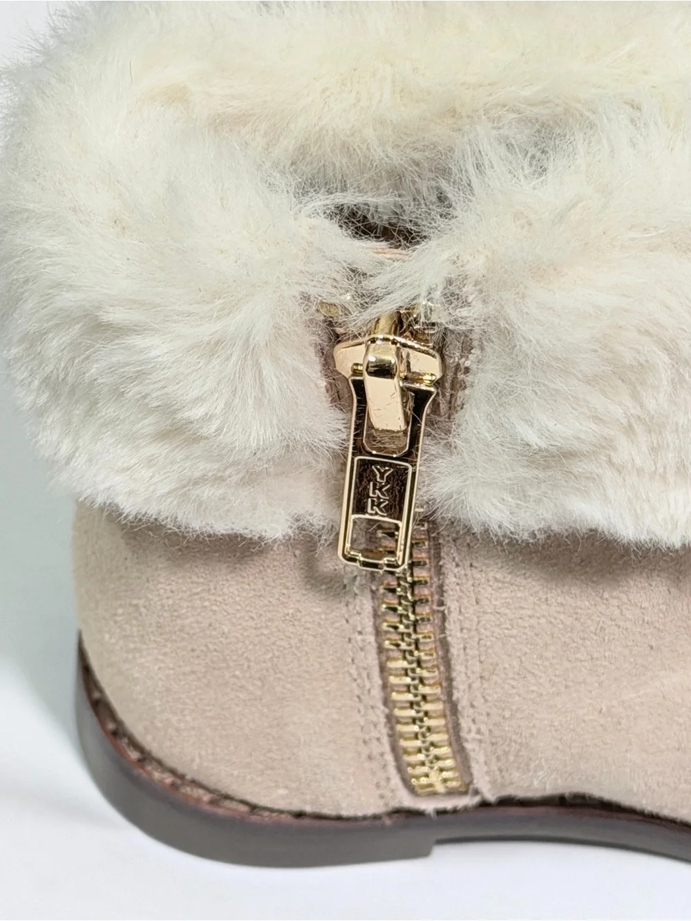 Janie and Jack Light Khaki Faux Fur Cuff Ankle Boots with Gold Zipper